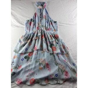 Express Floral Halter Dress Womens 4 Blue Excellent Tiered Ruffle Mini